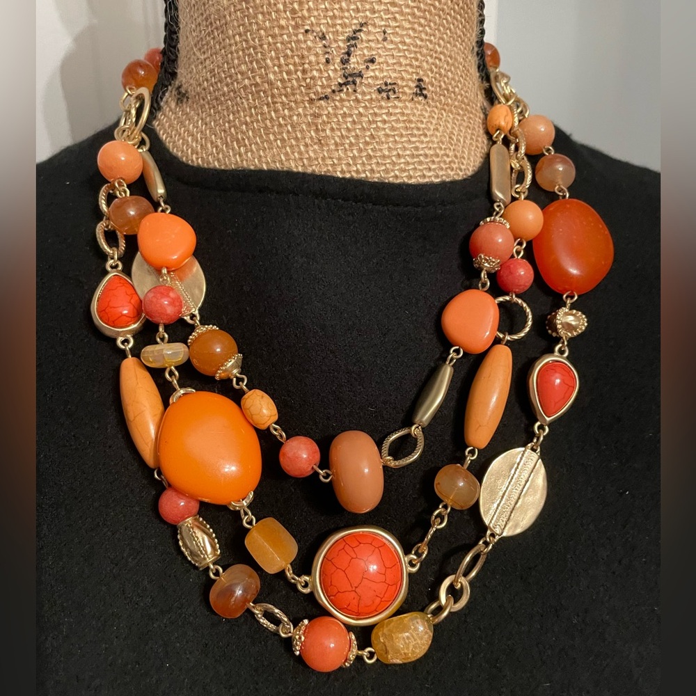 Chico's Orange Multi-Strand Necklace with Gold Chains